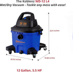 Koblenz WD-12 L4 Wet Dry Vacuum Cleaner, 12 Gallon 5.5 PHP, 3-in-1 Suction & Blower, 32 ft Reach, Drain Plug, Large Vacuum Cleaner for Car, Shop Vacuum Wet and Dry, Click-N-Lock Hose, Blue/Black