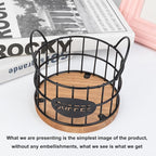 Coffee Pods Holder for Countertop, K Cup Holder Organizer, Sturdy Kcup Storage Basket with Wooden Base, Pods Container for Kitchen Bar Counter Office Desktop (Black)