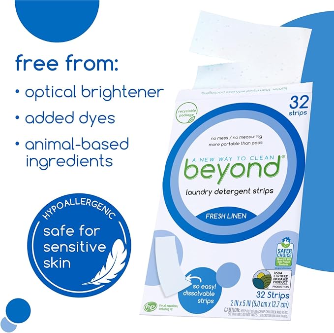 Beyond Laundry Detergent Strips [12 packs of 32 strips] - Fresh Linen - Eco-friendly, Hypoallergenic. Travel friendly. Dissolvable Strips