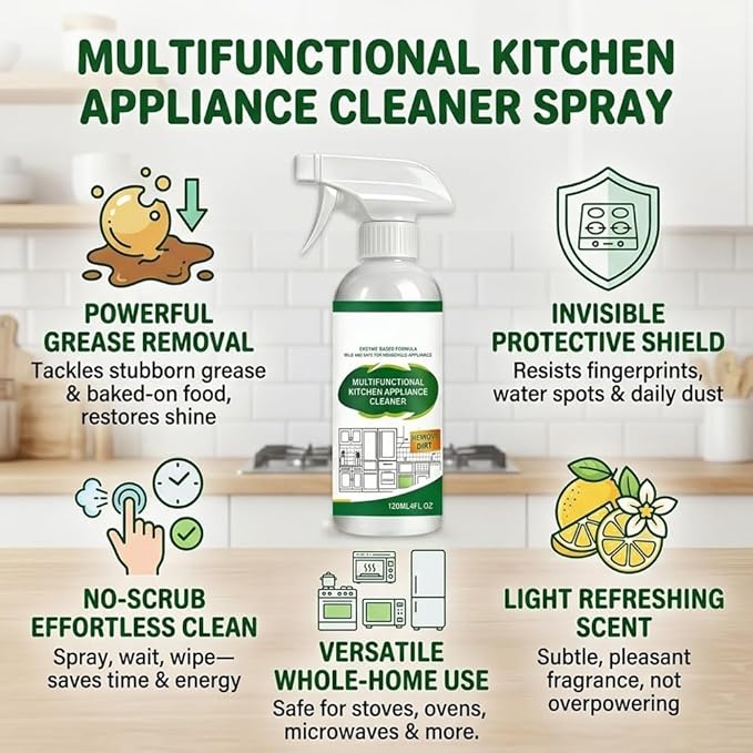 Multifunctional Kitchen Appliance Cleaner Spray Pro Powerful Grease Stain Removal Invisible Protective Layer Effortless Scrub Free Versatile Whole Home Use Light Refreshing Scent 4oz(2Pcs)