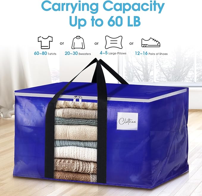 BlissTotes 6 Pack Moving Bags with Clear Window, Storage Bags with Strong Carrying Handles & Zippers,Large Packing Bags for Saving Space, Alternative to Moving Boxes(Blue,33 Gallon)