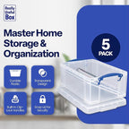 Really Useful Box Stackable 9 Liter Plastic Storage Container Bin with Snap Lid and Built-In Clip Lock Handles for Home & Office Organization (5 Pack)