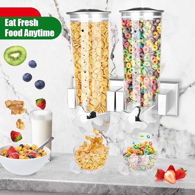 Milky House Food Dispensers Wall Mount, 2 Pack Dry Cereal Dispenser, Convenient Storage Dual Control for Cereal Nuts, Coffee Beans Trail Mix Candy Oatmeal Rice Pasta Candy Container, Cereals Bank 3L