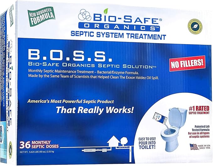 B.O.S.S. Bio-Safe Organics Septic Tank Treatment 36 Month Supply 2.5 oz Bags - Patented Bact Enzyme Exxon Valdez Septic System Monthly Maintenance Formula - Treats All Septic Systems - 3 Pack