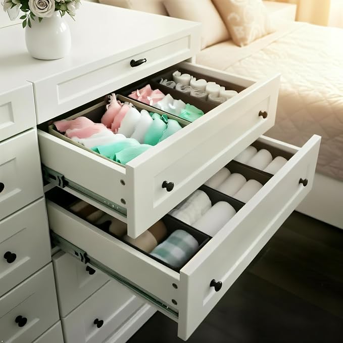 Bructhun Sock Drawer Organizer 6 Pack - Collapsible Fabric Storage Bins for Underwear Divider, Small Closet Organizers with 6 Compartments, Khaki