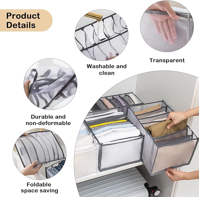 TIGARI Wardrobe Clothes Organizer for Drawers, Washable Clothes Organizer for Folded Clothes, Clothing Storage, Portable Closet Organizer for Thin Jeans, Trousers, T-shirts, Skirts (Gray)