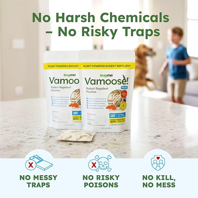 BugMD Vamoose Plus Peppermint Oil Mouse Repellent Pouches | Natural Mice Repellent Indoor & Rat Deterrent for House, Garage, RV, Car & Storage | Plant-Powered Rodent Control - 1 Pack - 4 Pouches