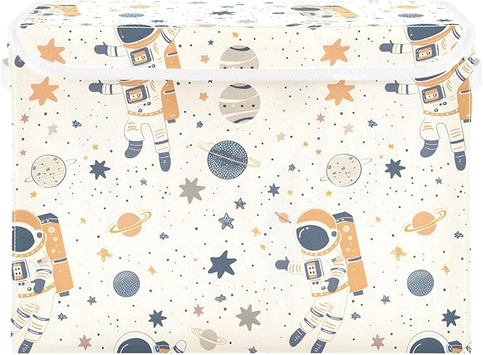 Large Storage Bins with Linen Collapsible Foldable Storage Cubes Fabric Closet Organizer Containers box with Flip-Top Lid for Home Bedroom Office 16.7 x 12.6 x 11.8in (Astronauts Planets and Stars)