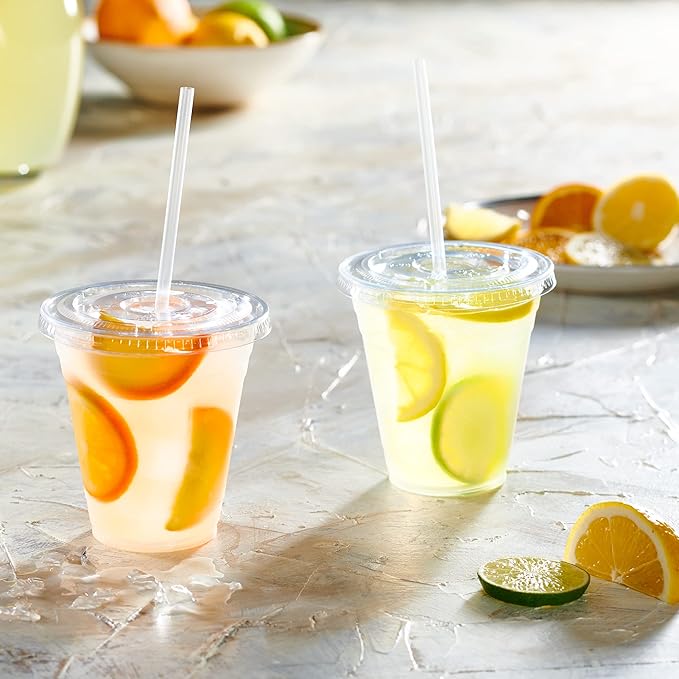 GUSTO [12 oz - 100 Sets Clear Plastic Cups with Lids and Straws – Disposable Iced Coffee Cups for Cold Drinks, Smoothies, Boba, and To-Go Beverages – Sturdy, Easy-to-Separate