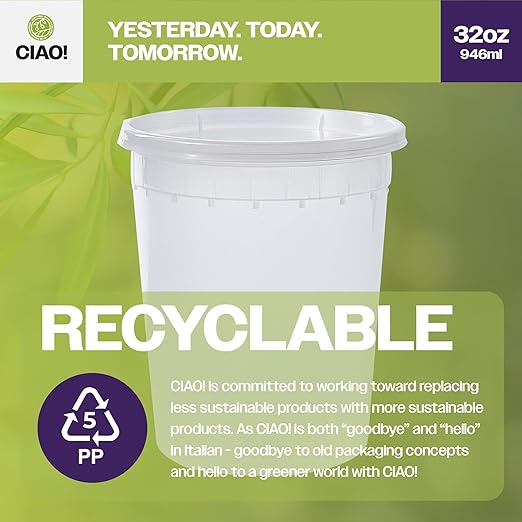 CIAO! 32OZ PP Injection Molded Soup-Deli Container with LLDPE Lid, Microwavable and BPA Free (240/240 combo pack)