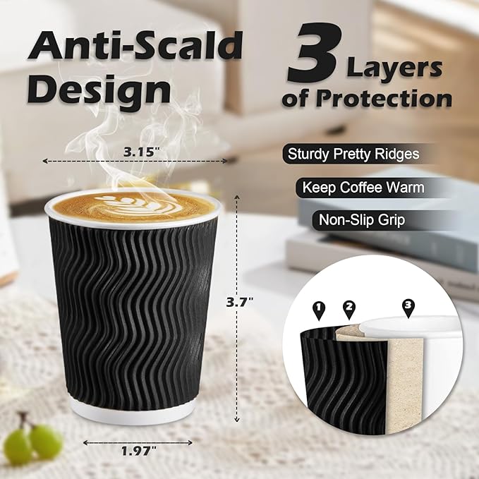 Lamosi Disposable Coffee Cups 8 oz 100 Pack, Paper Coffee Cups 8 oz for Hot Drinks or Cold Beverages, Insulated Corrugated Ripple Wall Cup for Office, Cafe, Home or Travel