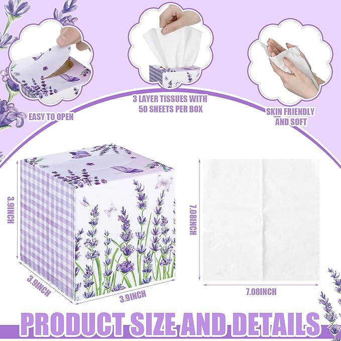 12 Pack Fall Lavender Facial Tissues Cube Boxes 600 Sheets 3 Ply Small Purple Flower Floral Face Tissues Bulk for Autumn Car Bedroom Supplies
