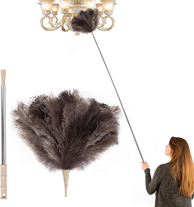 Extendable 81.9 Inch Ostrich Feather Duster with Extension Used for Home Cleaning Ceilings Furniture Fans Washable（1.8M Telescopic Rod,Grey）