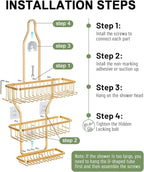 Shower Caddy Hanging - Never Rust Shower Hanging Organizer - Aluminum Over the ShowerHead Caddy with Soap Basket and 6 Razor/Sponge Hooks (Gold)