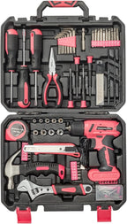 Drill Tool Kit Set,146 Piece Tool Set with 8V Cordless Drill,Drill Tool Box,Home Tool Kit with Drill,House Repairing Hand Tool Kits with Storage Case for Men Women (Pink)