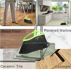 Soft Bristles Green Angle Broom and Dustpan Set, Long Handle Household Indoor Broom with Dustpan Combo Set for Room Kitchen Lobby Office Hardwood Floor Sweeping Floor Cleaning