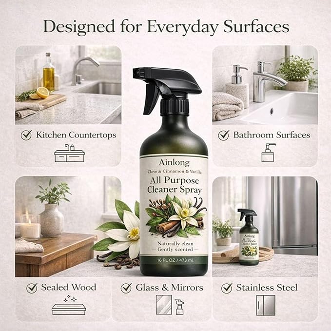 Ainlong Clove Cinnamon Vanilla All Purpose Cleaner Spray – Multi-Surface Formula for Kitchen, Bathroom, Countertops & Modern Home Care – 16 fl oz (1, 473ml)