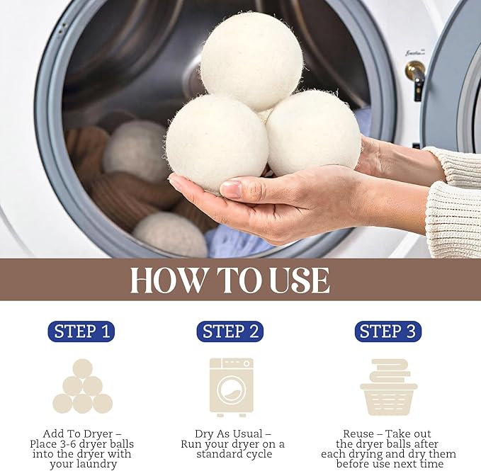 Wool Dryer Balls, New Zealand Dryer Balls Laundry Reusable Reduce Static Cling, Dryer Ball to Reduce Wrinkles & Shorten Drying Time, Drying Balls Fabric Softener Ball for Laundry（Pack of 6)