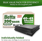 Betta 40-45 Gallon Black High-Density Trash Bags, 200 Count Box, (40x48-inch) Commercial Medium-Duty Garbage Can Liners
