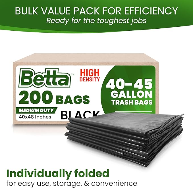 Betta 40-45 Gallon Black High-Density Trash Bags, 200 Count Box, (40x48-inch) Commercial Medium-Duty Garbage Can Liners