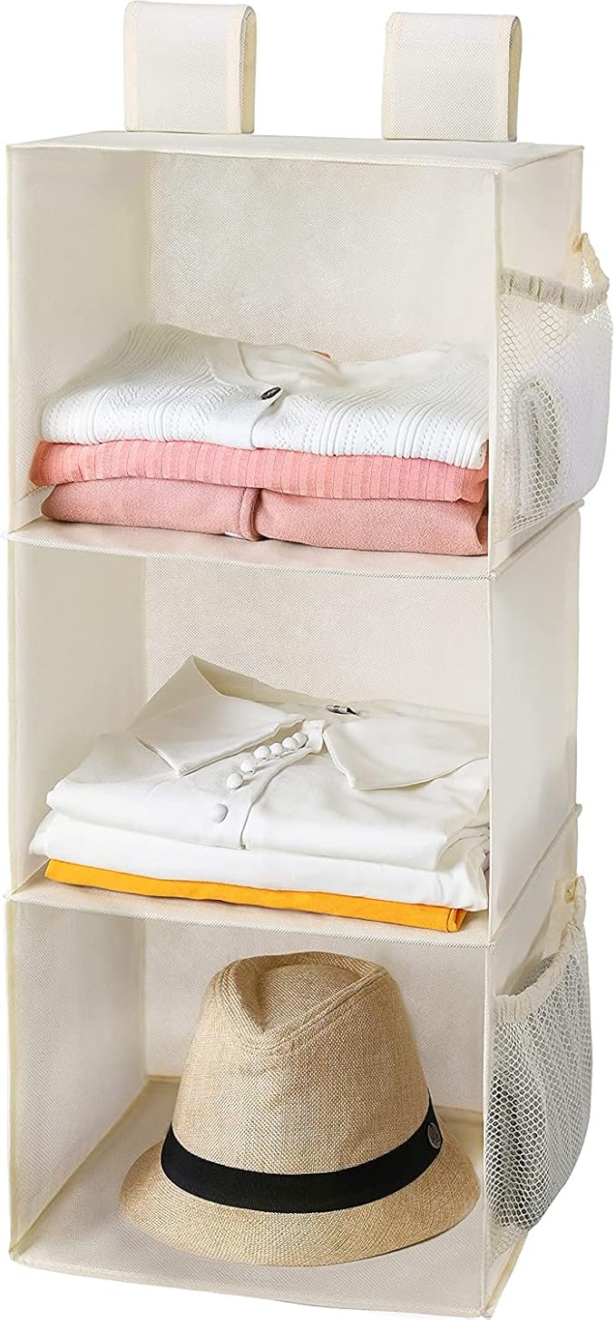 MAX Houser 3-Shelf Hanging Closet Organizers, Collapsible Closet Hanging Shelves for Camper, Nursery Hanging Organizers, Beige, 2-Pack