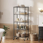SINGAYE 5 Shelf Storage Wire Shelves Closet Bathroom Organizers Metal Pantry Kitchen Garage Shelving Unit Laundry Room Organization Home Narrow Rack Net Basket with Wheels Black