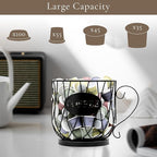Coffee Pod Holder Organizer, Large Capacity K Cup Holder Organizer, Storage Basket for Kitchen Countertop Office Coffee Bar with Wooden Base(Rustic Black-Round)