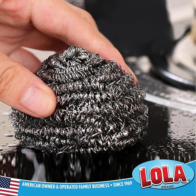 Stainless Steel Wool Scouring Pad, 2 Pack, by LOLA Brand, 18 Grams - Curled Flat Wire, Cleans Caked On & Baked On Messes on Cookware