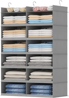 Lifewit Dual-Row Shelf Hanging Closet Organizer and Storage, Clothes Shelves with 3 Sturdy Hooks for Clothing Organization, Foldable Container Hold Up to 36 Sweaters, 6 Tier 12 Sections, Light Gray