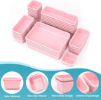 33 PCS Drawer Organizer Set, 4 Size Makeup Drawer Divider Organizer With Non-Slip Pads, Interlocking Plastic Storage Bins for Office,Jewelry Vanity,Gadgets, Bathroom,Kitchen, Pink