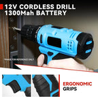 Auto Dynasty 27 Pieces Portable Cordless Drill and Home Hand Repair Kit 12V 1300mAh Lithium Power Tool Kit Set for DIY Household Office Warehouse with Charger, Blue