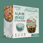 Bentgo Glass Prints All-in-One Salad Container - 61oz Tinted Glass Salad Bowl with Lid, Bento-Style Tray, Sauce Container, & Reusable Fork - Dishwasher & Microwave Safe (Mod Curve - Serene Green)