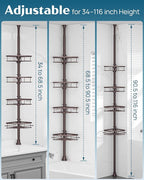 SEIRIONE Rustproof Shower Corner Caddy Organizer for Bathroom,Tension Pole with 4 Baskets, for Bathtub Storage Rack, 34 to 116 Inch Height, Bronze