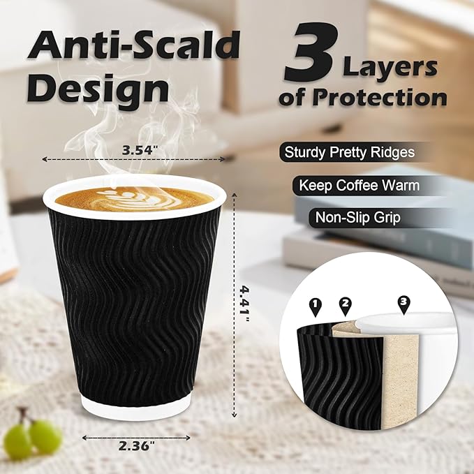 Lamosi Disposable Coffee Cups 12 oz 100 Pack, Paper Coffee Cups 12 oz for Hot Drinks or Cold Beverages, Insulated Corrugated Ripple Wall Cup for Office, Cafe, Home or Travel (Black)
