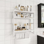 Galood Over The Toilet Storage Bathroom Shelves Wall Mounted 3 Tier Space Saver Corner Shelf Organizer Bamboo Towel Rack Toilet Paper Cabinet with Hanging Rod White