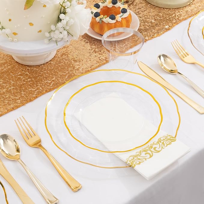 LIYH 700 Pcs Gold Plastic Dinnerware Set for 100 Guests, Disposable Plastic Wavy Clear Plates for Wedding Include 100 Dinner & Dessert Plates, 100 Napkins, 100 Cups, 100 Cutlery for Party Birthday