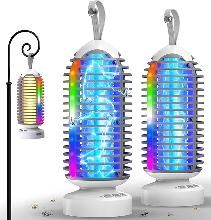 Bug Zapper with Marquee Light, Mosquito Zapper Indoor Outdoor, 4000mAh, Smart Auto On/Off Rechargeable Fly Zapper, Portable Waterproof Insect Killer for Home, Kitchen, Patio, Camping, Party - 2 Packs