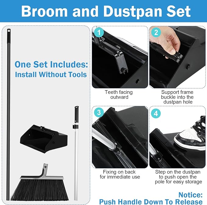 4 Set Broom and Dustpan Set 58 Inch Commercial Broom and Dustpan Combo Set Heavy Duty Lobby Dust Pan Bulk for Lobby Office Home Indoor Outdoor Cleaning Supplies