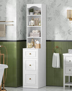 67" Tall Bathroom Storage Cabinet with 4 Open Shelves, Drawer & Cabinet, L-Shaped Narrow Bathroom Storage Cabinet with Adjustable Shelf, Bathroom Storage Cabinet for Bathroom, Living Room, White