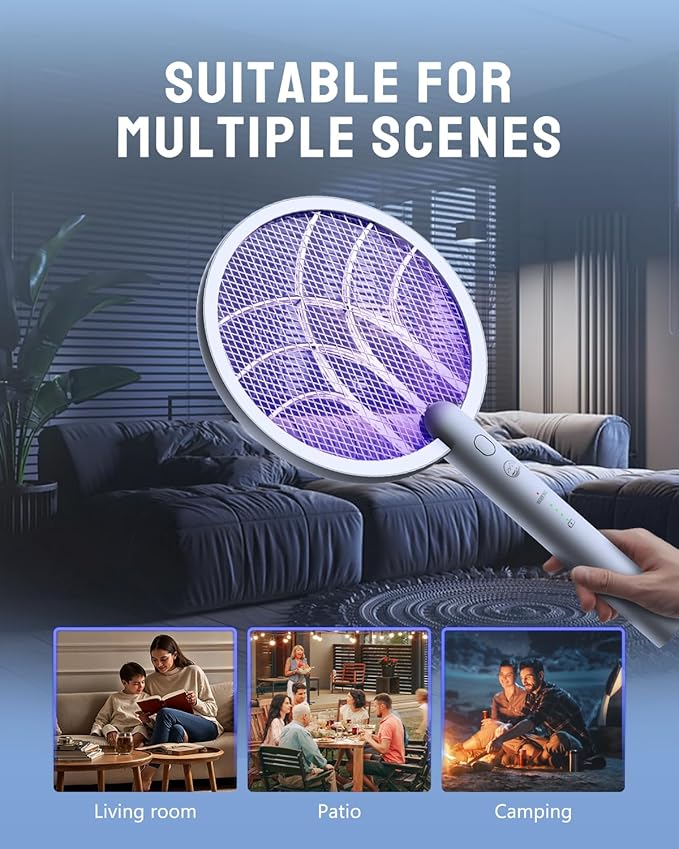 Electric Fly Swatter Racket, Mosiller 2 in 1 Smart Bug Zapper & Power Take Off Generators with USB Rechargeable Base, Powerful Mosquitoes Trap Lamp & Fly Killer for Home, Bedroom(Light Grey（2 Pack）)