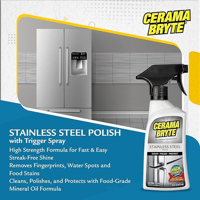 Cerama Bryte Stainless Steel Polish Spray, Streak-Free Shine, Clean and Protect, High Strength Formula. 16 Fl Oz (Pack of 1)