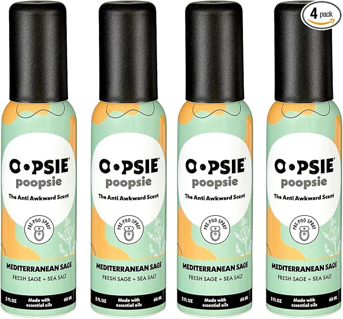 OOPSIE POOPSIE - Mediterranean Sage - Before & After You Go Toilet Spray 2oz - Portable Odor Eliminator - 4 Pack