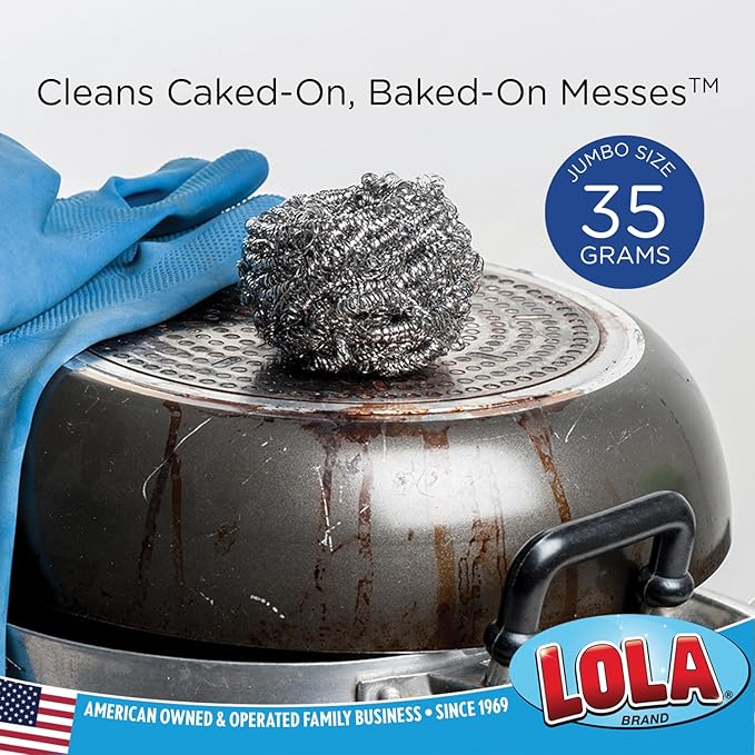 Stainless Steel Wool Scourer -Jumbo Sized- 2 Pack, 35 Grams, by LOLA, Curled Flat Wire, Cleans Caked On & Baked On Messes on Cookware