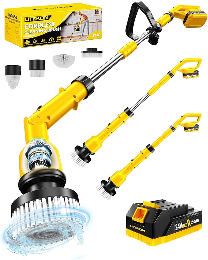 Electric Spin Scrubber with 3+ Hour Long Lasting Battery, 1000W/1200RPM High Power Cordless Clean Brush with 50IN Adjustable Long Handle, 4 Replacement Head for Bath/Tub/Tile/Floor