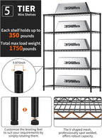 Golpart 5 Tier Adjustable Storage Shelves Heavy Duty Metal Utility Shelf 1750LBS Capacity Wire Shelving Unit Organizer Rack for Home Kitchen Garage Pantry Room 18" D x 46" W x 77" H Black