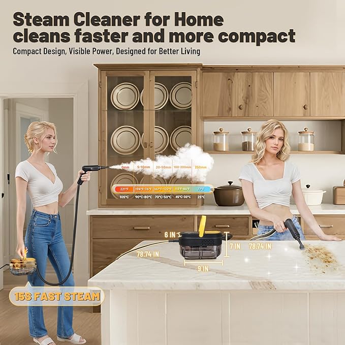 Gautye Steam Cleaner, 3-Level Adjustable Handle, 15s Heat-Up, 1.69 Quarts Tank, Portable Steamer for Cleaning with 15 pcs Accessories, Steam Cleaner for Home for Dirt, Grease, Grout, Tile,Floor, Car