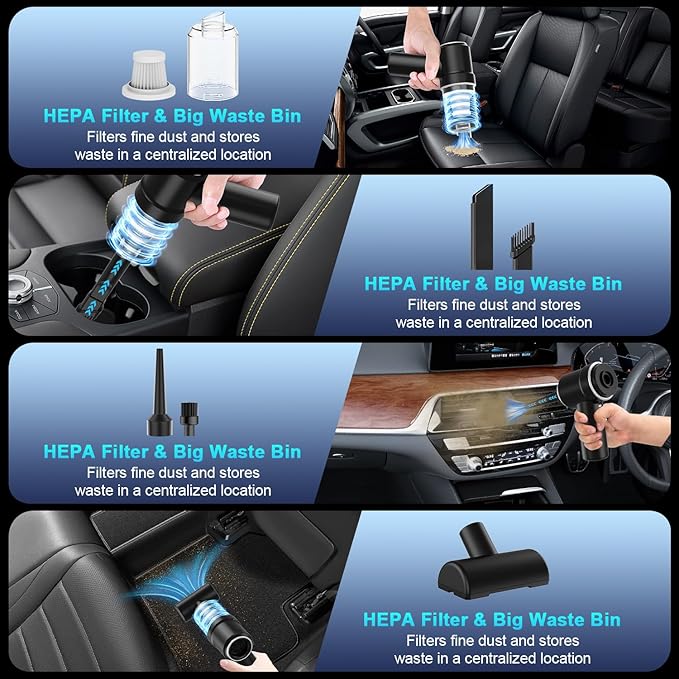 Handheld Vacuum Cordless Rechargeable, 13000pa Car Vacuum Portable Cordless, Type-C Lightweight Mini Handheld Vacuum Cleaner, High Power Car Vacuum Cleaner with LED Light for Car Home Pet Hair (Black)