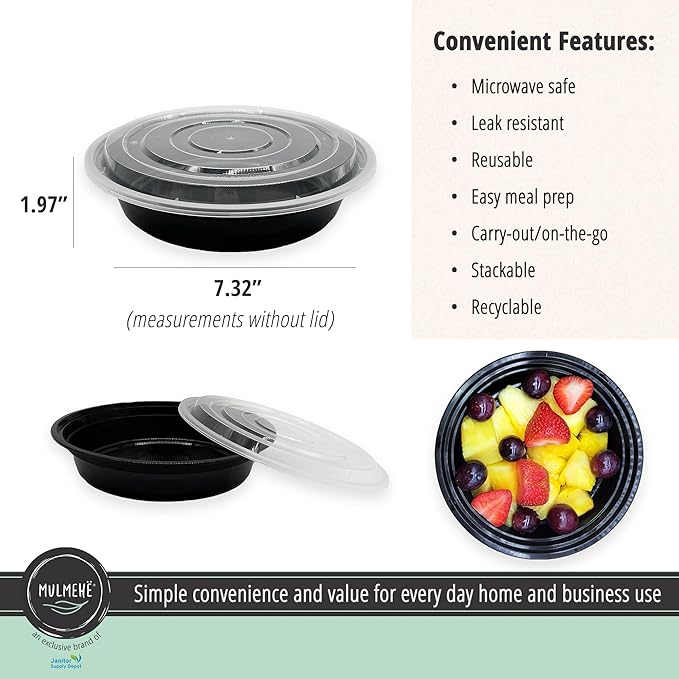 MULMEHË Plastic Food Storage Take-Out Container and Lid Combo, 32 oz, Microwaveable, Round, Black, 7x2”, Set of 150