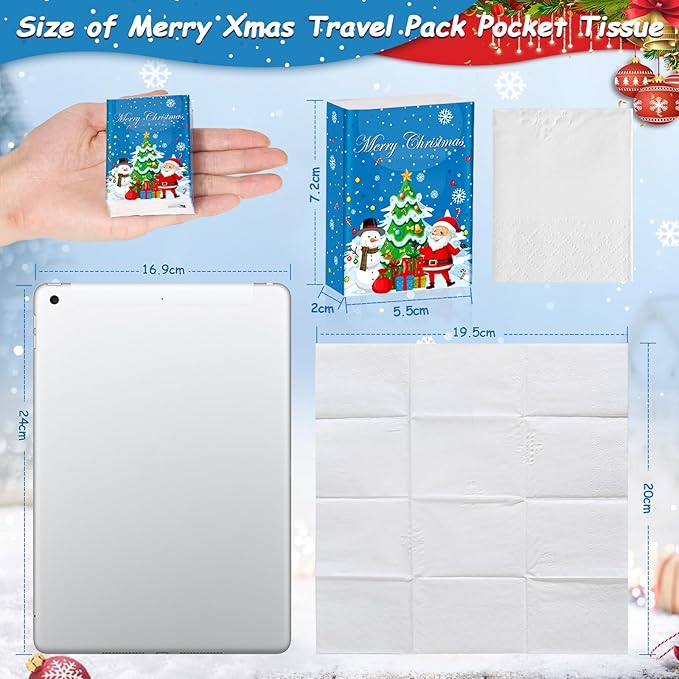 60 Pack Christmas Pocket Tissues 600 Sheets Merry Xmas Travel Packs 3 Ply Unscented Small Mini Individual Portable Travel Tissue Pack with Unique Embossing for Purse Holiday Party Travel