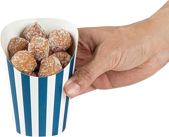 Restaurantware Bio Tek 12 Ounce French Fry Containers 100 Disposable Charcuterie Cups - Incline Design Round Striped Paper French Fry Cups Stackable For Waffles Chips or Popcorn